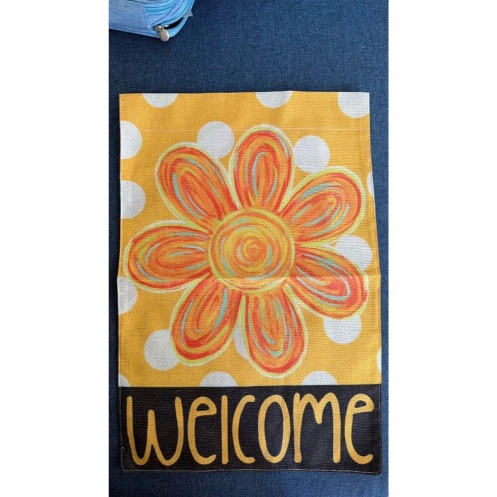 Welcome Garden Flag 12x18 Floral Polka Dot Yellow Orange Spring Yard Decor